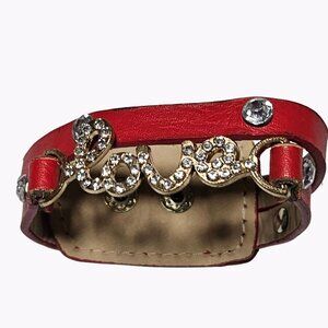 Love Rhinestone Faux Red Leather Cuff Bracelet Fun Fashion Jewelry Women